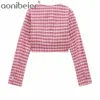 Kolla in Shirt Sommar Fashion Square Collar Långärmad Knapp Fram Kvinnor Casual Blusar Kvinna Slim Rosa Plaid Toppar 210604