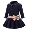 Niños niña solapa cuello bowknot vestido de manga larga plisado niño elegante otoño bebé niños ropa de diseñador