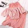 Sommar Chiffon 2 Pieces Set Women Off Shoulder Plaid Crop Tops Blus + Wide Ben Byxor Casual New Suit Korean Outfit 210417