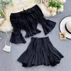 DEAT Spring Summer Long Flare Sleeve Slash Neck Slim Tops Short Mini Pleated Skirt Women Two Piece Set Outfits MI024 210730