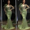 2021 Sexy Arabski ASO EBI Syrenka Luksusowy Prom Dresses Jewel Neck Illusion Crystal Koraliki z kwiatami Kobiety Specjalne okazje Suknie Długie Rękawy Suknie