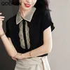 Retrô Mesh Patchwork Tops Preto Camisas Mulheres Surgindo-Down Collar Manga Curta Verão Blusa Senhoras Escritório Chique elegante 210601