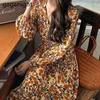 Винтажное платье среднего теленка сладостная V-вывод цветочные a-line длинная весна осень плюс размер свободный корейский мода 210601