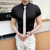 Sommar Tröjor Silk Shiny Slim Short Sleeve Casual Shirt Solid Chemise Homme Streetwear Social Stage Dress Shirts Camisa 210527