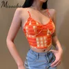 Missakso Sexig Plaid Print Spaghetti Strap Crop Top Summer Casual Women Off Shoulder Y2K Backless V Neck Corset Tops Streetwear 210625