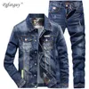 Men's Tracksuits Fashion Slim Sets Spring Autumn Dark Blue Denim Cotton Long Sleeve Jacket Ripped Hole Jeans Couple Two Piece2810