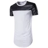 New Summer Men Round Neck Short Sleeves High Street Arc Bottom Plain Patchwork Leather T - Shirt