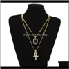 Hommes S égyptien Ankh clé de vie collier ensemble Bling glacé mini pierre précieuse or chaîne en argent pour femmes Hip Hop bijoux Ibrgq cou Ewxvt6130227