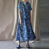 Johnature Chinese Style Letnia Sukienka Luźna Druku Krótki Rękaw Mid-Calf V-Neck Style Casual Linen Kobiety Dress 210521