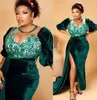 ASO EBI 2022 Arabisch Plus Size Dark Green Mermaid Prom Dresses Lace Sheer Neck Avond Formele Partij Tweede Ontvangst Verjaardag Verloversjurken Jurk ZJ225