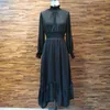 Fashion Women Black Dress Long Sleeve Ruffle A Line High Waisted Female Korean One Piece Sweet Office Lady Spring Maxi Dress X0521