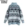 TRAF Women Fashion Oversized Jacquard Stickad Sweater Vintage High Neck Långärmad Kvinna Pullovers Chic Toppar 210415