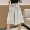 Katoen zomer Koreaanse stijl wide been capri vrouwen korte broek hoge taille shorts rokken vrouw met riem 210421