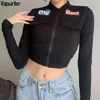 Fashion Brev Cropped Bomber Short Black Jacket Kvinnor Harajuku Höst Långärmad Zipper Coat Slim Tops Kvinna 210510