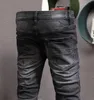 Man Versleten Patch Zwarte Jeans Schade Stretch Slim Fit Denim Broek274K