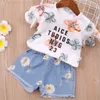 2t meninas roupas conjuntos de verão toddler korea estilo flor colarinho listrado t-shirt + denim shorts 2 pcs crianças 210528