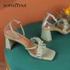 Sophitina Fashion Women's Sandals Cowhide Square Heel Pleated Buckle Strap Transparent Cover Heel Sandals Office Shoes AO874 210513