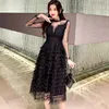 Bahar Moda Seksi Dantel Patchwork Mesh Siyah Elbiseler Kadınlar Uzun Kollu Ruffles Katmanlı Kek Midi Parti Elbise Vestidos 210519