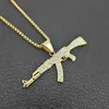 Hip Hop Rhinestones Verharde Bling Iced Out Goud Zilver Kleur Rvs AK 47 Pistool Hangers Ketting Mannen Rapper Sieraden