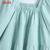 Fashion Women Green Solid Shirt Square Collar Vintage Long Sleeve Ladies Mini Dress CE216 210416