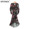 巾着花柄プリント非対称のMidiドレス長袖背中の女性のドレスMujer 210420