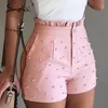 Fashion Pearls Women Ruffles High Waist Pulsante con cerniera rosa Shorts Portono di Ladies Casual Ladies 210414