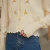Frauen Pullover V-Ausschnitt Langarm Casual Beige Blumenstickerei Strickjacke M0310 210514