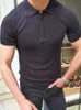 男性の夏の上のトップスソリッドニット半袖ポケットレスハーフジッパーゴルフポロシャツ210527