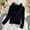 Spring and Autumn Fashion Temperament Furry V-neck Slim Long-sleeved T-shirt Bottoming Shirt Top UK217 210507
