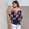 Kvinnors blusar Kvinnors skjortor Summer Sexig Off Shoulder Chiffon Blus Lous Loose Plus Size Ruffles Print Women Tops and Bloues