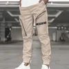 メンズパンツ男性貨物ソリッドカラーパッチワークカジュアルマルチポケット若い足首縞模様の男性ズボン2022ファッションスリムストリートウェア