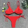 Kvinnors badkläder veck Röd sexig bikini Set Women String baddräkt Push Up 2021 Bundet Thong Brasilian Bathing Suit Swim Wear