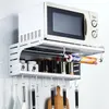 Alluminio Forno a microonde Montaggio a parete Forno a microonde Cucina Desktop Organizer Rack Supporto per forno a 2 strati Conservazione della cucina con ganci