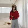 Damenpullover Rollkragen-Weihnachtspullover 2021 Frauen Winterstrickwaren Lose Tops Solide Stretch Gestreift Koreanische Mode Rot Aprikose Pullove