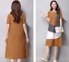 Kobiety Sukienka Lato O Neck Krótki Rękaw Kolor Dopasowywanie Midi Sundress Vintage Bawełniana Pościel Patchwork Suknie Luźne Vestidos Kobieta 210526