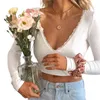 Frauen T-Shirt Spitze Große offene tiefe V-Ausschnitt Bandage rückenfrei Langarm Slim Fit Sexy Damen Solid White Sale Kleidung 210522