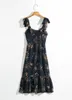 Элегантная текстура темно-синий деревянный ушной платье ремень талия тонкий боковой щелчок средней длиной курортное платье женщин