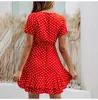 Abito estivo donna Polka Dot manica corta stampa scollo a V volant Mini abiti New Casual beach lace up A-line Boho Vestidos 210415