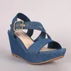 Women's Wedge Sandals Ladies Peep Toes Ankle Strap Denim High Heel Female PU Leather Casual Platform Woman Shoes 20215442422