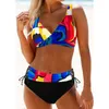 2 stuks set badpak vrouwen sexy bikinis regenboog gestreepte badmode hoge taille bikini push up swimming pak 210722