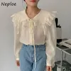 Peter Pan Collar Lace Up Bow Design Solid Bluzka Kobiety Pullover Z Długim Rękawem Ol Blusas Spring Shirt Feminino 210422