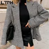 vintage houndstooth women blazer mid-length casual pockets Blazers Jackets long sleeve thick Lady Suit Coat Winter 210427