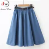 Women Casual Jeans Skirt Summer Korean Preppy Style Students A-Line High Waist Solid Color Midi Denim Faldas Saias 210510