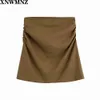 Linne mini kjol khaki highwaist med samlade detaljer på sidorna / en osynlig tillbaka Zip Fastening 210520