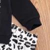 0-24m Höstfödd Spädbarn Babyflickor Kläder Set Långärmad Svart Sweatshirt Toppar Leopardbyxor Headband Outfits 210515
