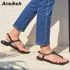 Aneikeh Fashion PU Sandals Kobiety Lato Mieszkanie z Stringi Obcasy Pompy Obuwie T-wiązany Dorywczo Kostka Pasek Klamra Rozrywka Solid 210626