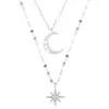 S925 Sterling Silver Star Moon Double Necklace Women Clavicle Chain Shiny Diamond Fashion Jewely Tillbehör