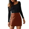 Women's Mini Pencil Skirt Sexy Mid Waist Faux Leather Solid Color Bodycon Short Skirts