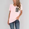 女性の夏Tシャツ半袖Vネックパッチワークヒョウシャツポケットベーシックベーシック女性TシャツカムセタMujer 210426