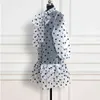 Vit klänning polka dot se igenom med bowtie krage lång lykta ärmar ruffles härliga kvinnor vestidos transparent mode 210416